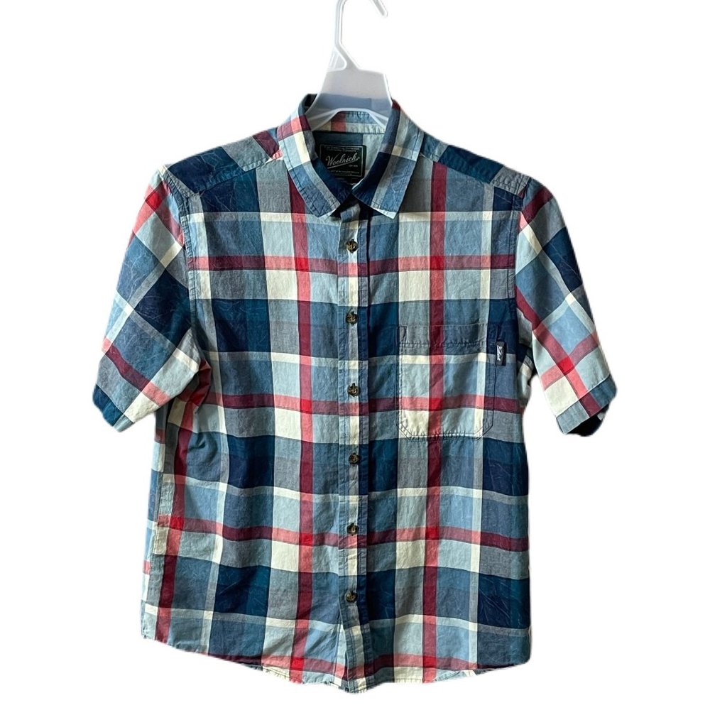Woolrich Shirt Mens Size Medium Red White & Blue Plaid Short Sleeve Button Front